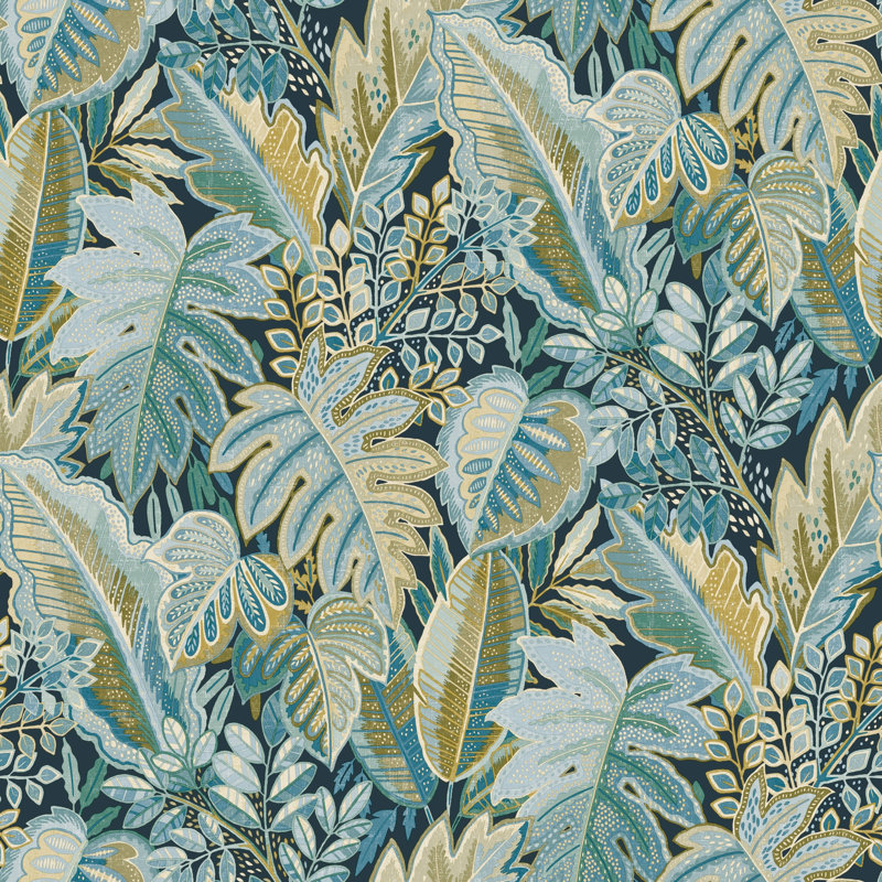 Papier peint feuilles de fourrure tropical, Bleu / rose