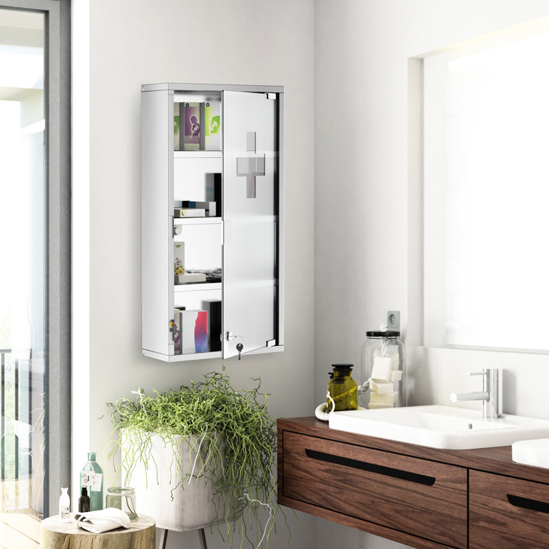 Contenant verrouillable à 4 niveaux pour tablettes, acier inoxydable, 12 po x 24 po, argent, rangement mural verrouillable avec tablettes