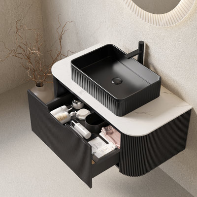 Meuble-lavabo 36 po avec armoire à rayures flottantes, lavabo rectangulaire noir, sans robinet, pré-assemblé, finition française 3D, contreplaqué à haute résistance, rangement généreux, glissières de tiroir incurvées à fermeture en douceur