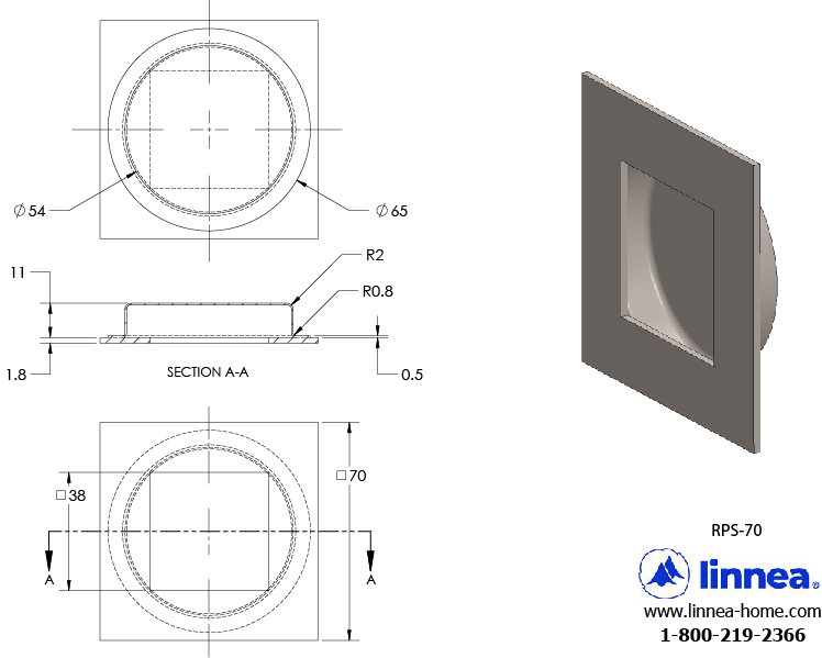 Recessed Pull Plate, Satin Brass, 1.97" H x 1.97 W x 1" D
