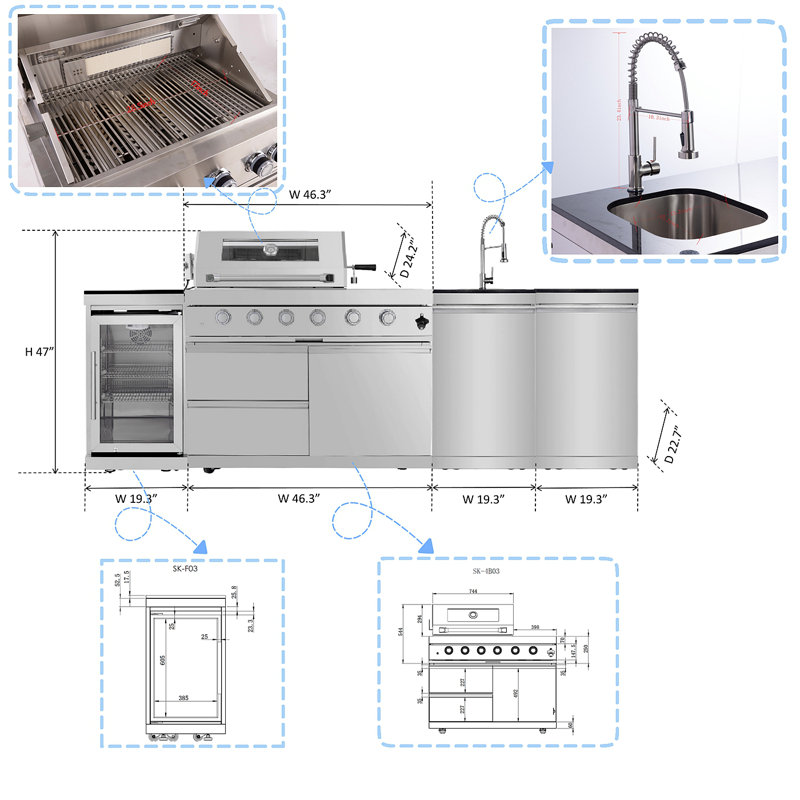 Îlot de cuisine de 46 po à 4 brûleurs et 72 000 BTU de 46 po avec 4 brûleurs de 46 po en acier inoxydable