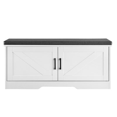 Banc de rangement pour chaussures, organisateur de chaussures 39,4 x 14,0 x 18,1 pouces avec coussin de siège rembourré, banc d'entrée avec 2 portes de grange et tablette réglable en hauteur, pour le couloir, le salon, la chambre à coucher, blanc et noir