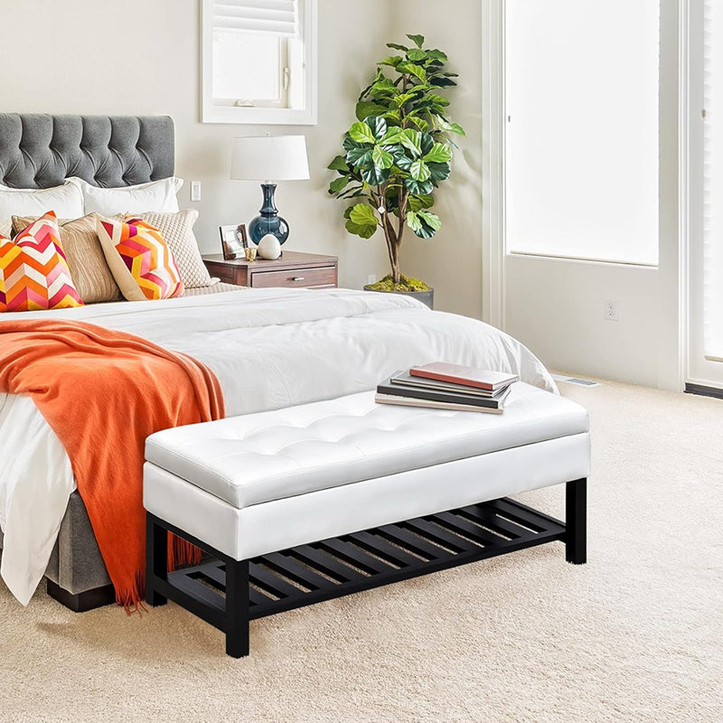 44" Tufted Faux Leather Ottoman Storage Bench With Shoe R...
