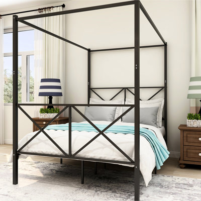 Metal Canopy Bed Frame, Full Black. Construction For Daily Use. Noise- Sleep. Ample Under Storage. Easy Assembly. 12 . Supports 400 - 600lbs With X Comfort. Sleeping. Extra Storage Beneath. Assembly