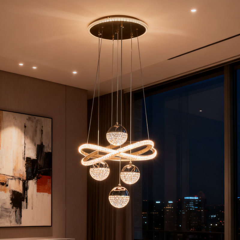 Lustre moderne 15,7 "à 4 globes de couleur dorée avec éclairage tricolore et hauteur réglable