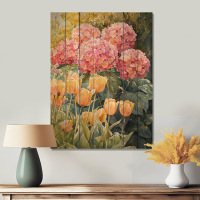 Hydrangeas In The Spring Garden I - Hydrangea Wood Wall Art - On Natural Pine Wood