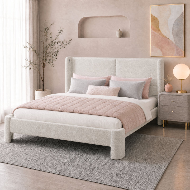 Structure de lit rembourrée avec tête de lit et ports USB, conception en nuage, aucun sommier nécessaire, blanc crème, Double