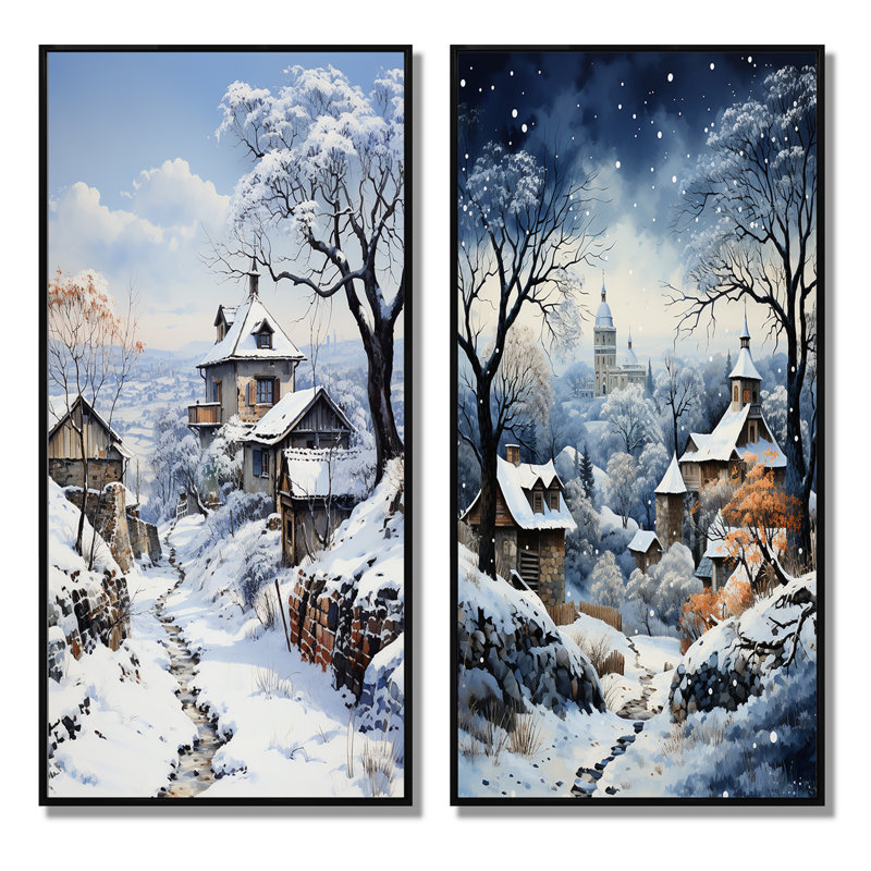«Harmony Of Winter Village I», 2 pièces sur toile, Cadre noir, H 20 po x l 24 po