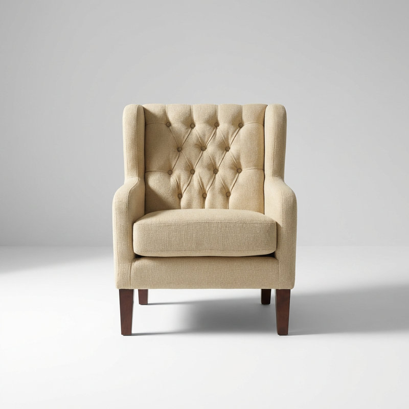 Fauteuil à oreilles classique avec rembourrage capitonné et pieds en bois massif