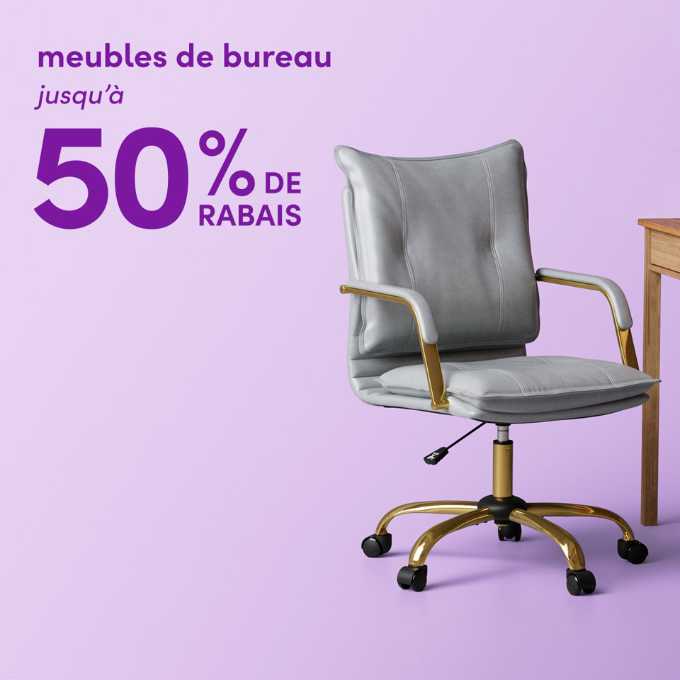 Meubles de bureau jusqu'à 50 % de rabais avec une chaise de bureau rembourrée grise à base dorée sur fond lilas.