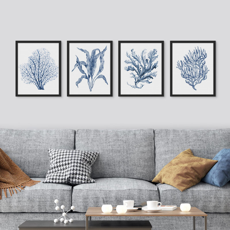 " Navy Blue Marine Coral Leaves Floral Botanical Plant " 4 - Pieces, 10" H x 8" W, Black