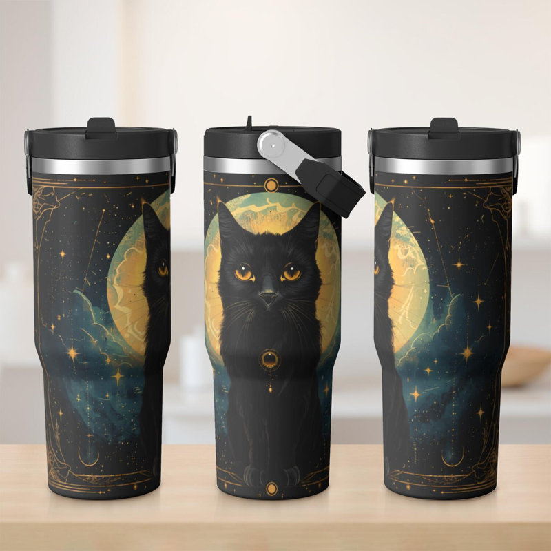 Gobelet 30 oz avec couvercle et poignée Gobelets isothermes en acier inoxydable Bouteille d'eau mignonne avec rabat (chat)