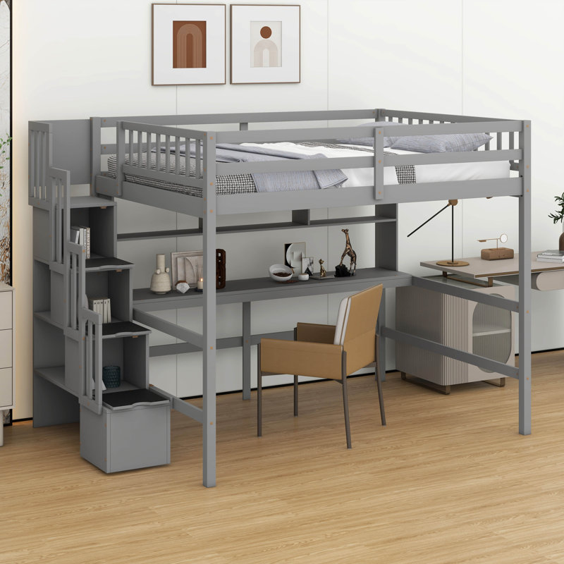 Lit mezzanine double - Bureau, tablettes de rangement et escalier inclus, Gris