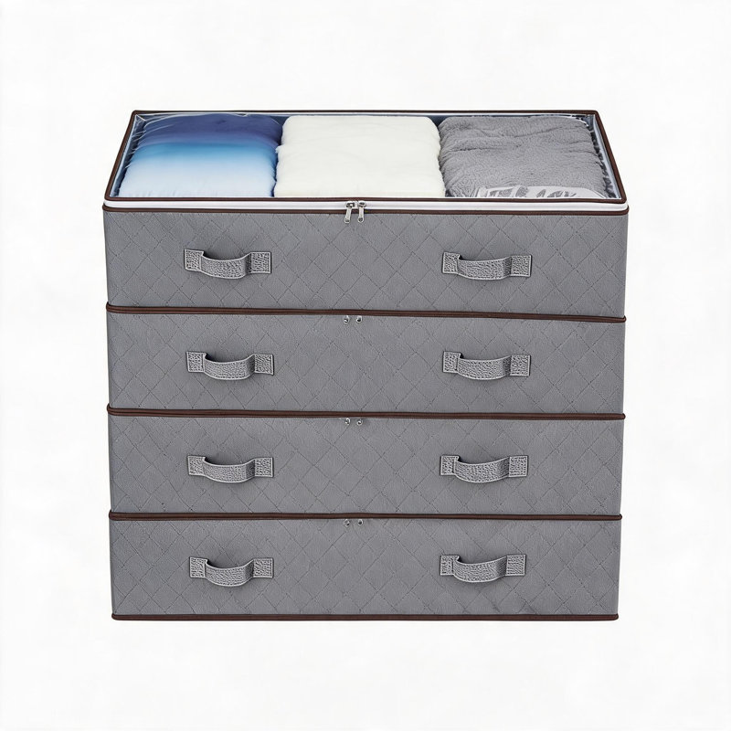 Ensemble de 6 contenants de rangement sous le lit gris pliable en tissu organisateur de vêtements à profil bas pour couverture courtepointe avec fermeture à glissière transparente