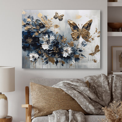 Golden Blue Butterfly Wings And Flowers IV - Floral Metal Wall Decor