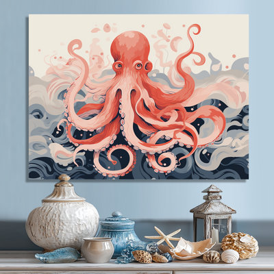 Octopus Queen on the Waves Retro Illustration - Octopus / calmar animal, art mural