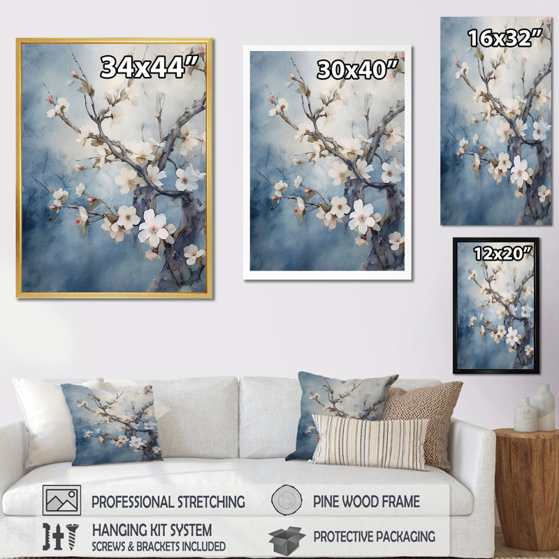«Blue and Gray Cherry Blossoms Sapphire», reproduction d'art sur toile, H 32 po x l 16 po x P 1 po, Toile tendue