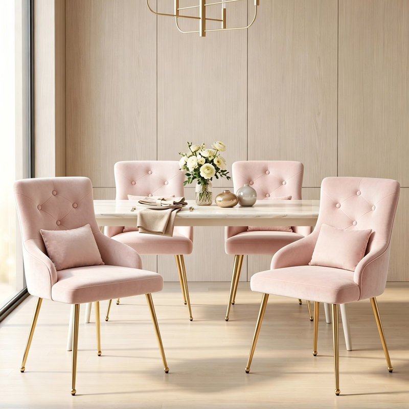 Dorsi Velvet Upholstered Button Tufted Modern Dining Chair, Pink, Gold