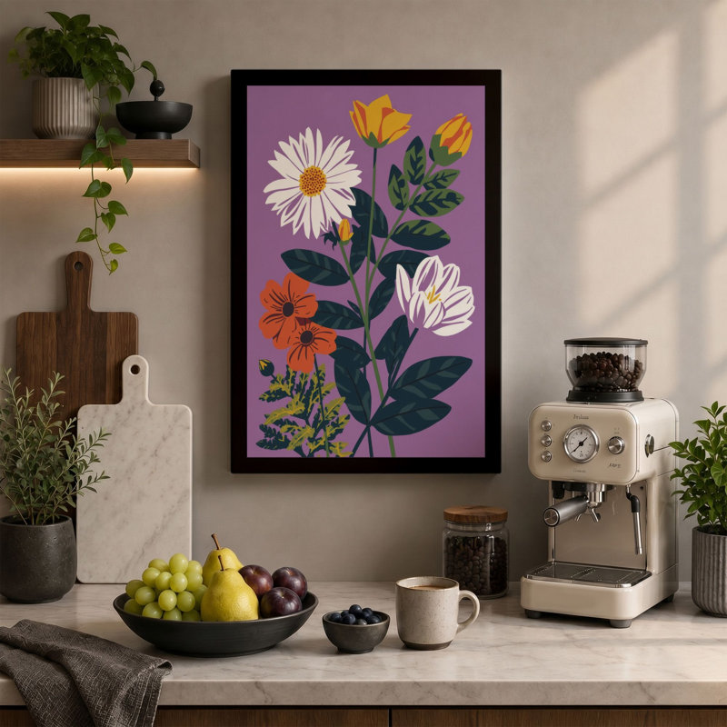 Mid-Century Floral Arrangement Botanical - Wrapped Canvas, 24x16 - 61.0 x 40.6 cm, Black Border