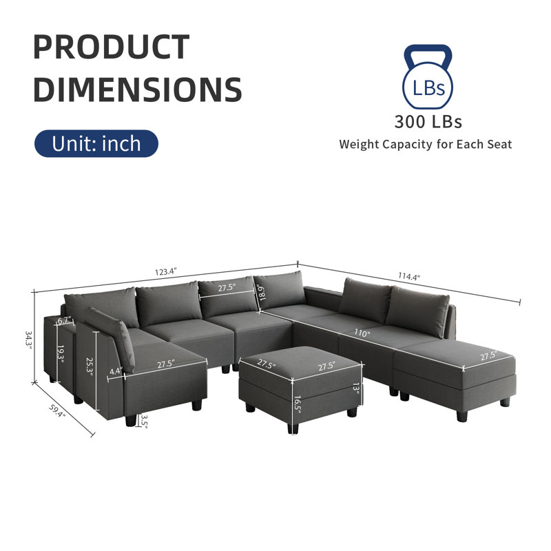 Linen Modular Sectional Sofa L Shaped Extra Deep Seats Couch  with Storage Ottomans, Gray Linen