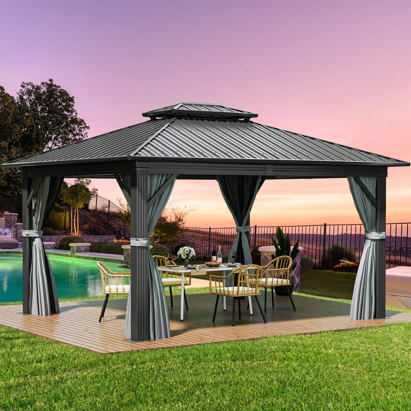 Pavillon de jardin d'extérieur en aluminium à toit rigide avec rideau et filet, 14 pi x 12 pi