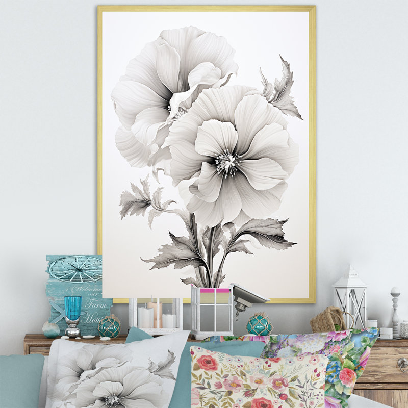 «Gray Timeless Minimalisme Hibiscus», reproduction sur toile, Cadre doré simple, H 32 po x l 24 po x P 1 po