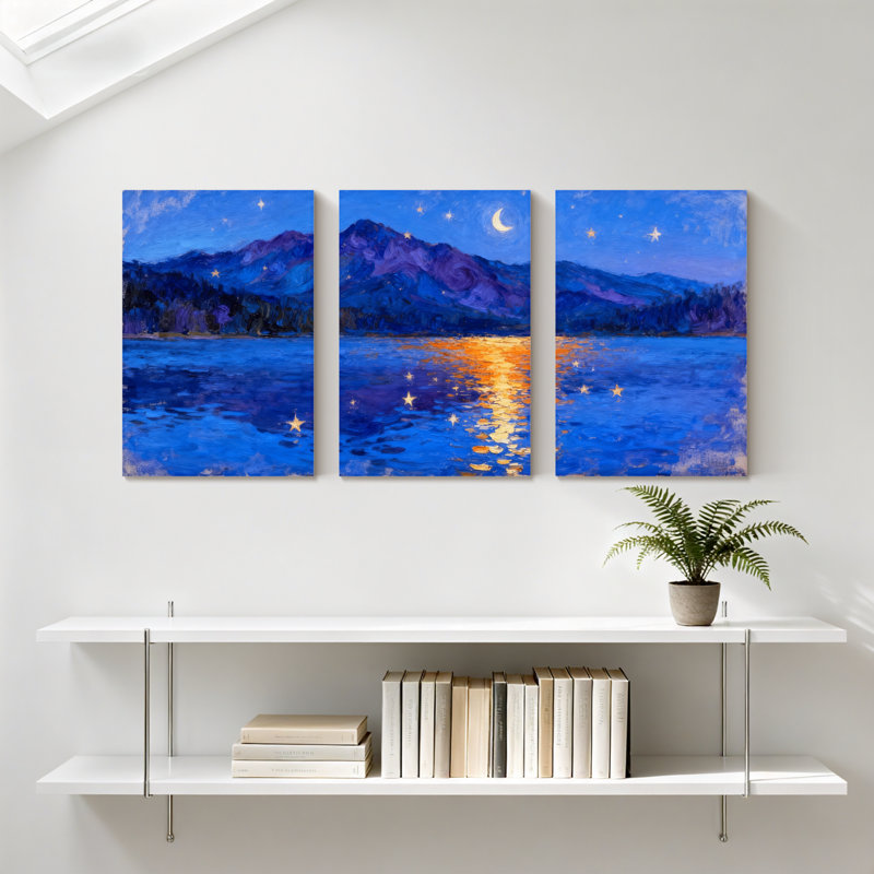 Abstrait ciel nocturne montagne lac reflets étoiles lune clair ensemble de 3 impressions sur toile, H 24 po x l 48 po