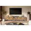 Meuble télé pour téléviseur 85 70 65 po, console au fini bois naturel, quatre portes d'armoire à fermeture douce et tablette ouverte avec rangement équilibré