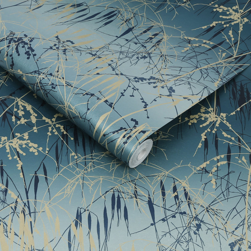 Floral Metallic Wallpaper Roll, Teal/Soft Gold