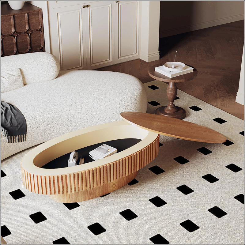 Table basse ovale avec rangement caché, placage en bois massif, décor moderne pour le salon et la chambre à coucher, Naturel