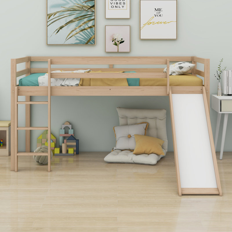 Twin Low Loft Bed With Slide, Ladder, Safety Guardrails, White Oak