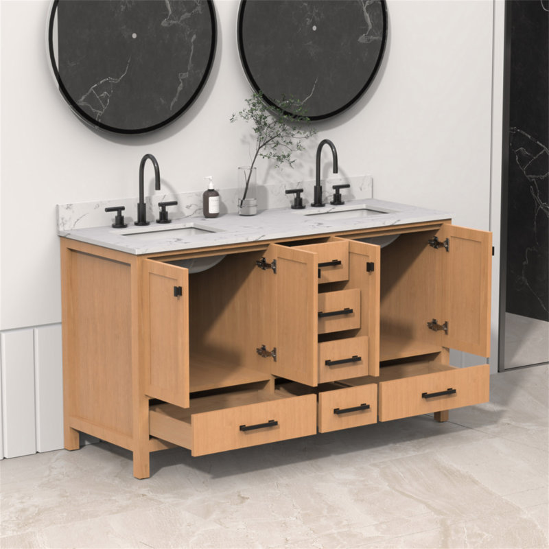 Meuble-lavabo 60 po, meuble-lavabo avec cadre en bois massif, comptoir autoportant avec double cuve, Chêne, 60"