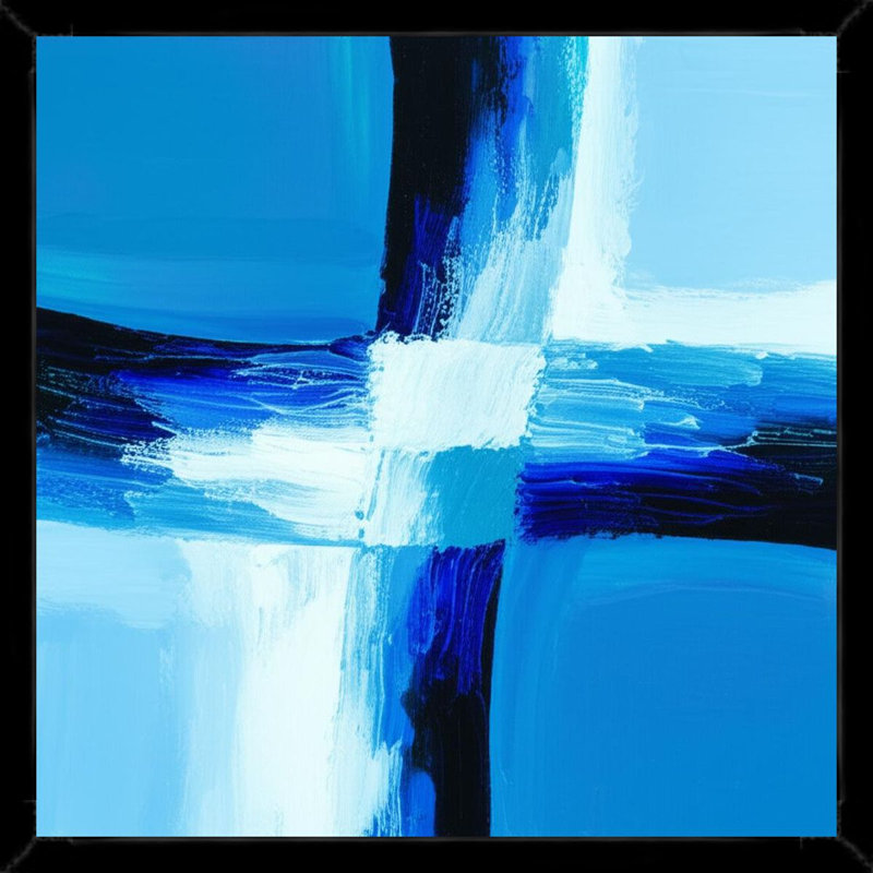 "Abstract Blue Cross" - Art mural encadré sur toile, 36" H x 36" W, Black