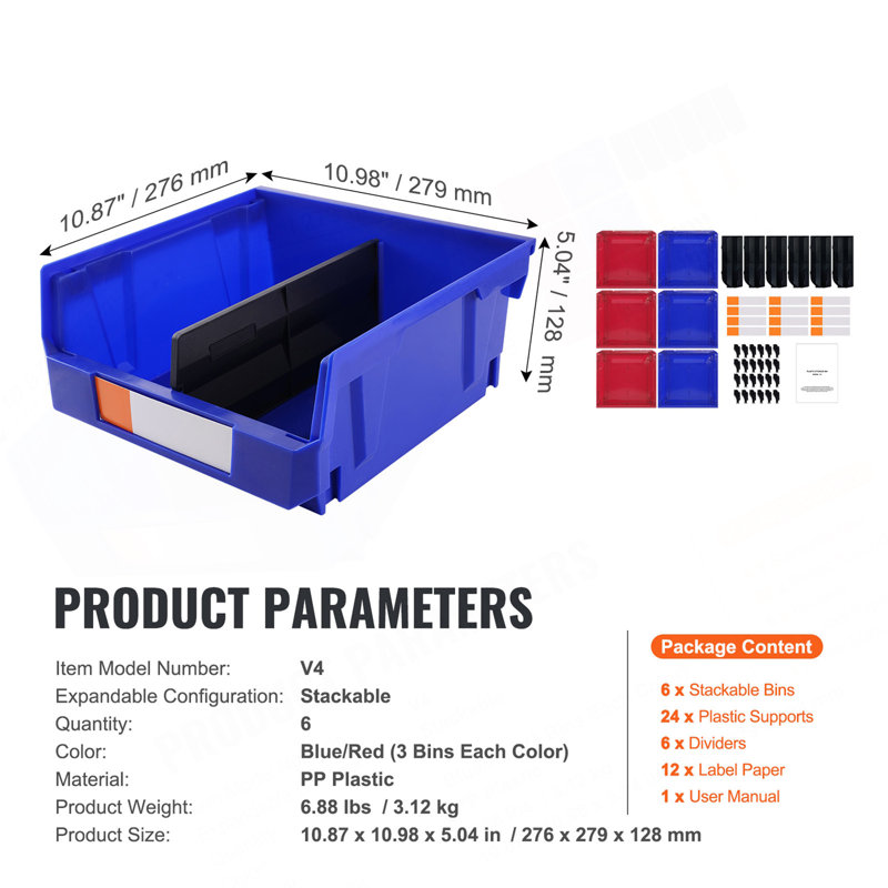 Bac de rangement en plastique (11 po x 11 po x 5 po), bac de rangement suspendu empilable, bleu / rouge, paquet de 6, bacs empilables robustes pour l'organisation de garde-robe, de cuisine, de bureau ou de garde-manger