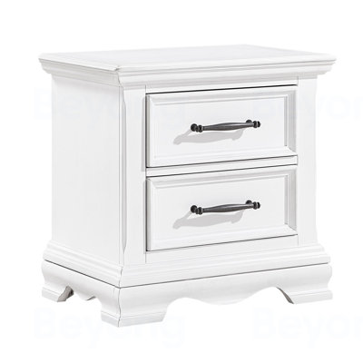 Charming White Finish 2-Drawer Nightstand Durable Wood Black Handles Classic Bedside Table 1pc Bedroom Furniture