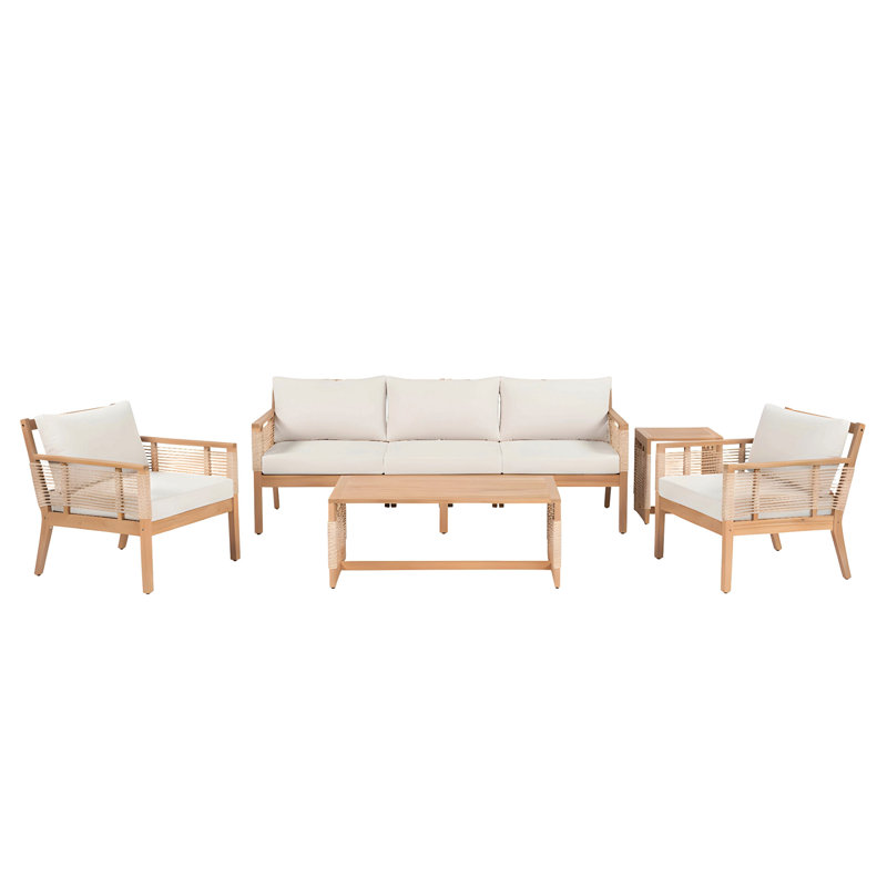 5-Piece Patio Acacia Wood Sofa Set, Outdoor Hand Woven Rope Conversation Set With 3 Seater Sofa,2 Chairs And 2 Coffee Tables For Garden, Backyard, Poolside, Teak Look+Beige Cushion
