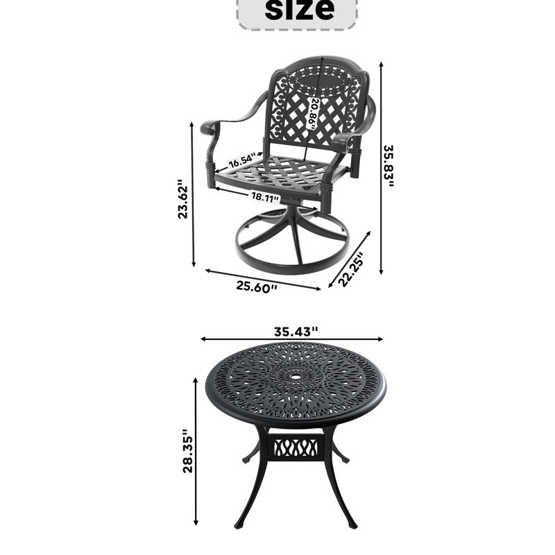3 sièges d'extérieur en fonte d'aluminium, 2 chaises pivotantes et une table ronde de 35,43 po, sièges noirs, protégés, résistants aux intempéries et confortables avec sièges pivotants