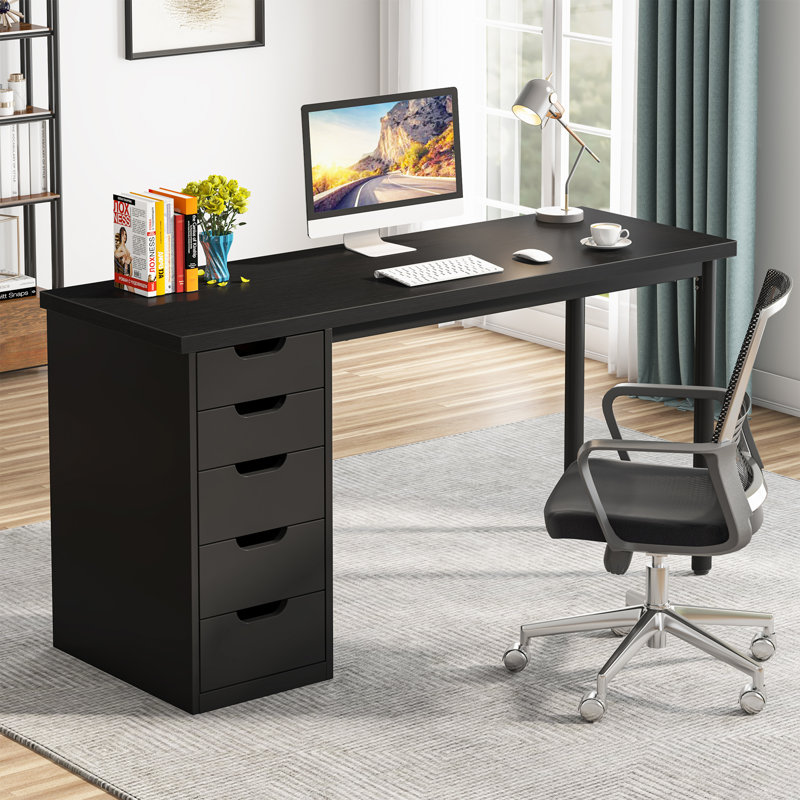 Bureau d'ordinateur à 5 tiroirs Briget, écriture, habillage moderne, Noir