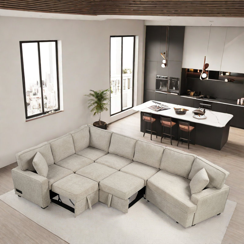 Magedan 126" L-shaped Sectional Pull-out Sofa with Charging Devices, Cup Holders and Pillows, Beige