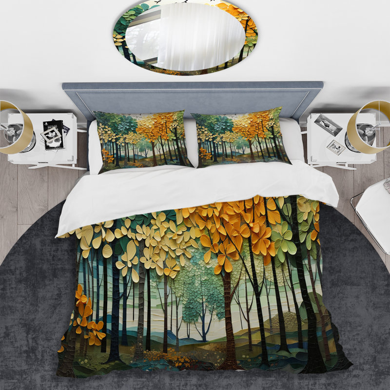 Ensemble de housse de couette Orange Green Trees, Housse de couette pour grand lit et 2 taies décor