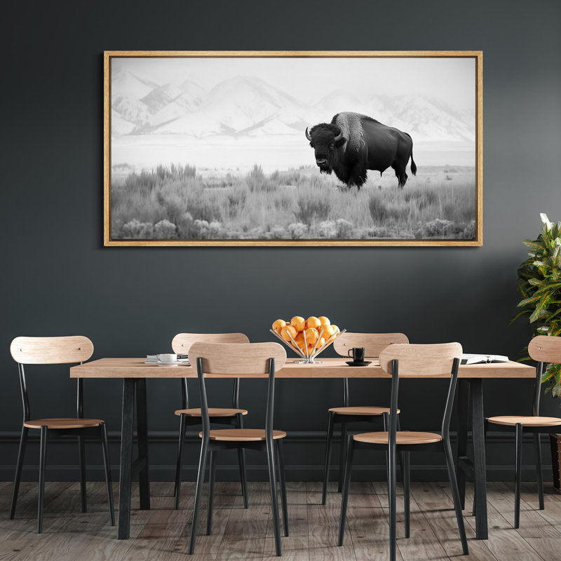 Cow " Monochrome Bison In The Plains Rustic Retro Art Decor Extra Large Artwork Pictures ", 30" H x 60" W, Natural