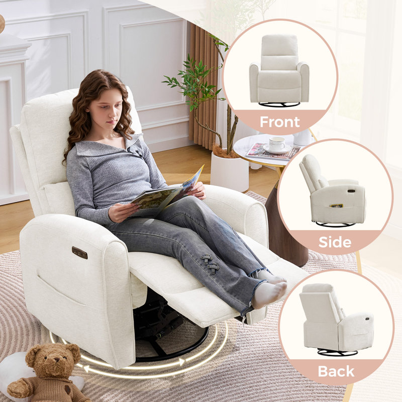 Modern Chenille Power Swivel Rocker Glider Nursery Recliner with Lumbar Support,Round Armrest and Double Pocket,USB and Type-C