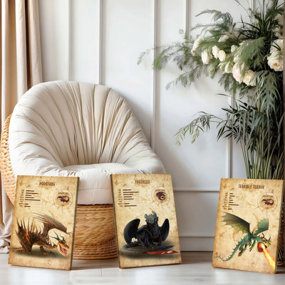 Ensemble de 3 affiches encadrées « Dragons » (Comment entraîner votre dragon) : tableaux décoratifs de style vintage représentant Krokmou, le dragon Terrible Terror, idéal pour une chambre d'enfant, une chambre à coucher ou un salon.