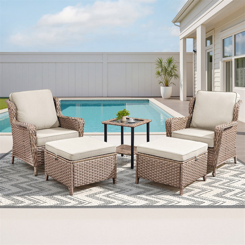Ensemble de mobilier d'extérieur 5 pièces, chaises longues en osier de rotin avec repose-pieds, Beige
