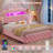 Upholstered Led Bed Frame With 4 Storage Drawers And 2-Tier Storage Bookcase, Velvet Princess Platform Bed For Kids/Girls, Headboard With Charging Station & Crystal Button & Crown-572727021