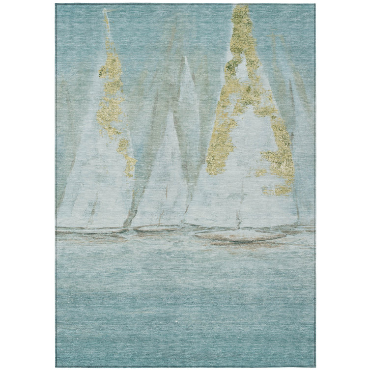 Machine Washable Indoor/Outdoor Xhevrie Teal Rug