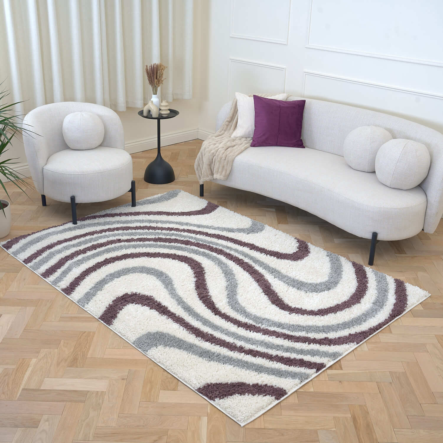 White Rug Line THE RUGS Moodi Modern Shaggy Off-White Grey and Purple Area Rug and ...