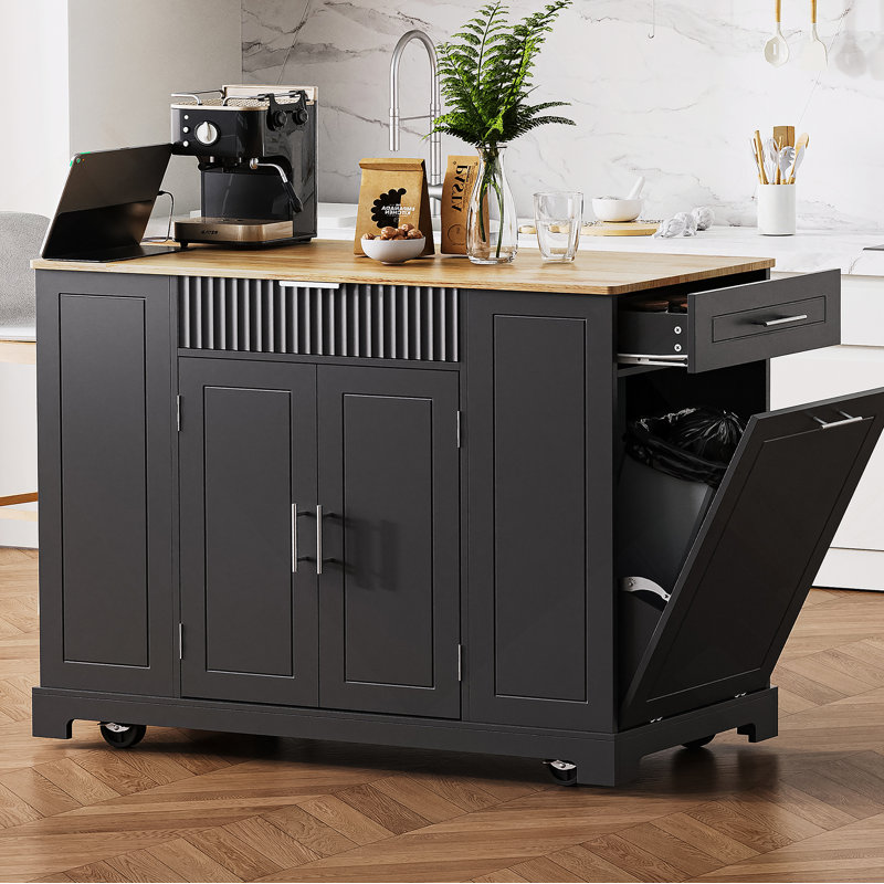 Fluted Rubber Wood Kitchen Island With Concealed Tilt-Out Trash Can, Built-In Power Outlets, Adjustable Internal Shelves, Rolling Mobility, And Multi-Tier Open Storage.