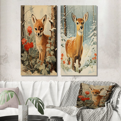 Brown Deer Winter Adventure I - Animals Canvas Wall Art Set Of 2