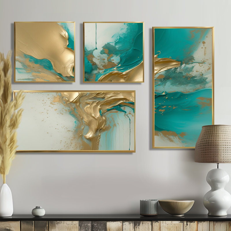 Marbre doré et turquoise Fuild Ink II - art abstrait sur toile marbrée grand 4 pièces, Impression encadrée sans passe-partout